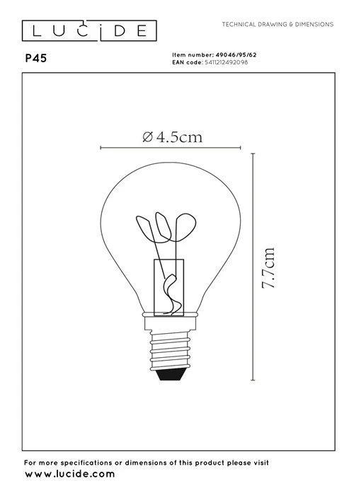 Lucide P45 - Filament bulb - Ø 4,5 cm - E14 - 1x3W 2200K - Amber - technical